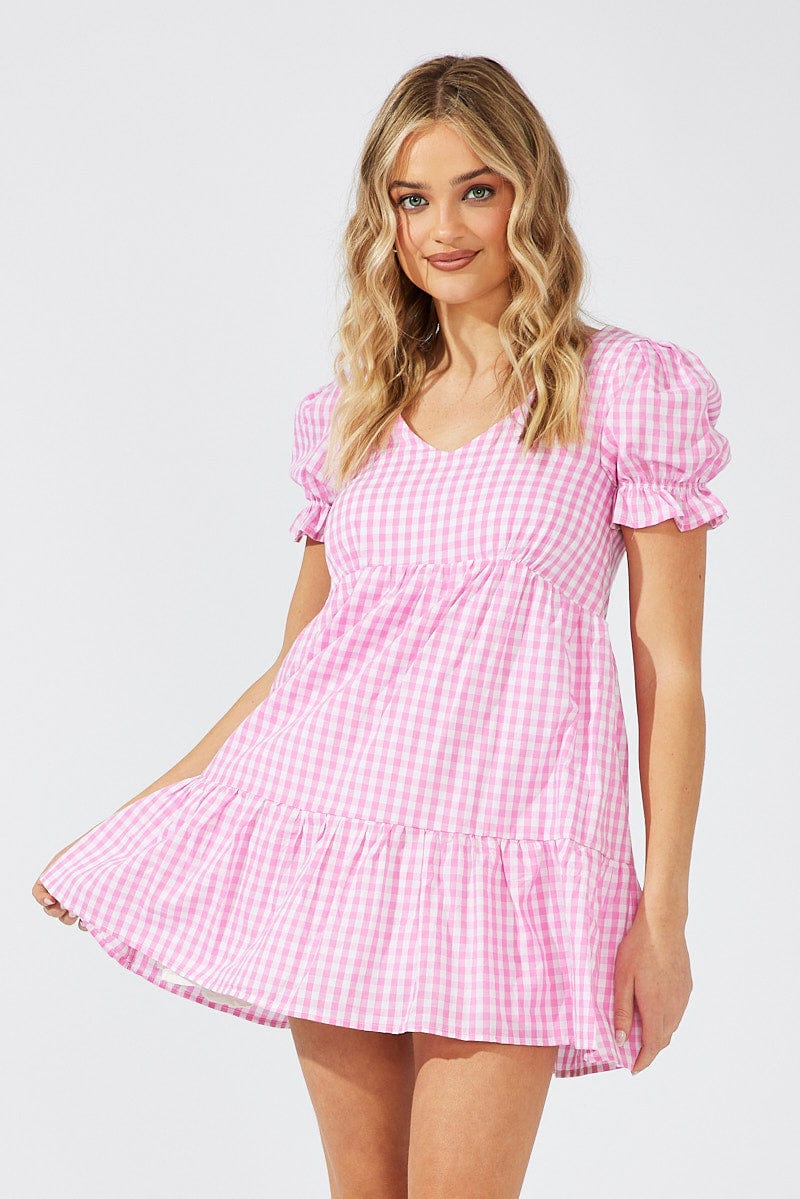 Pink Check Smock Dress Short Sleeve Tiered for Ally Fashion