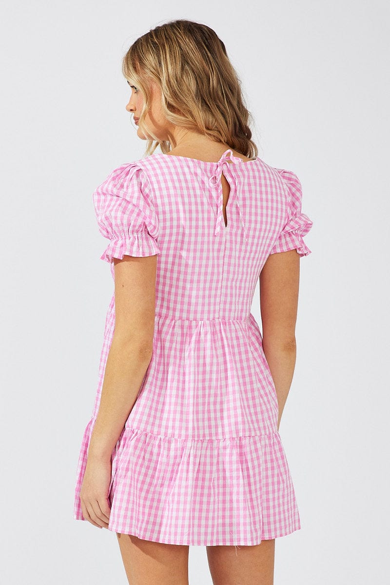 Pink Check Smock Dress Short Sleeve Tiered for Ally Fashion