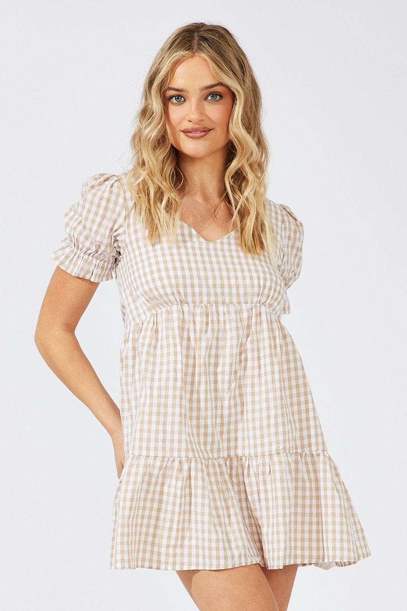 Beige Check Smock Dress Short Sleeve Tiered for Ally Fashion