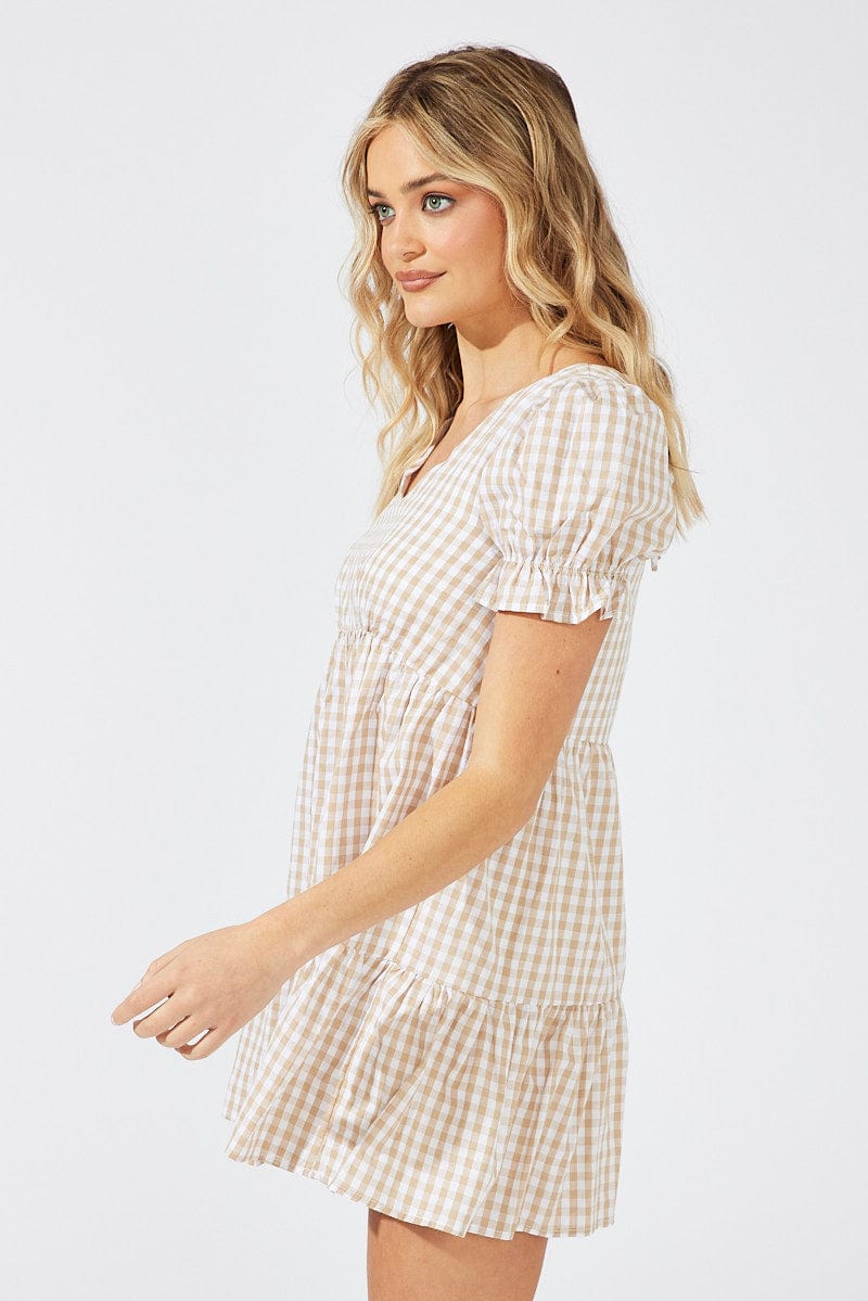 Beige Check Smock Dress Short Sleeve Tiered for Ally Fashion