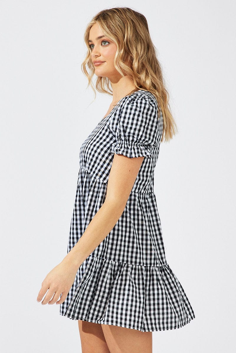 Black Check Smock Dress Short Sleeve Tiered for Ally Fashion