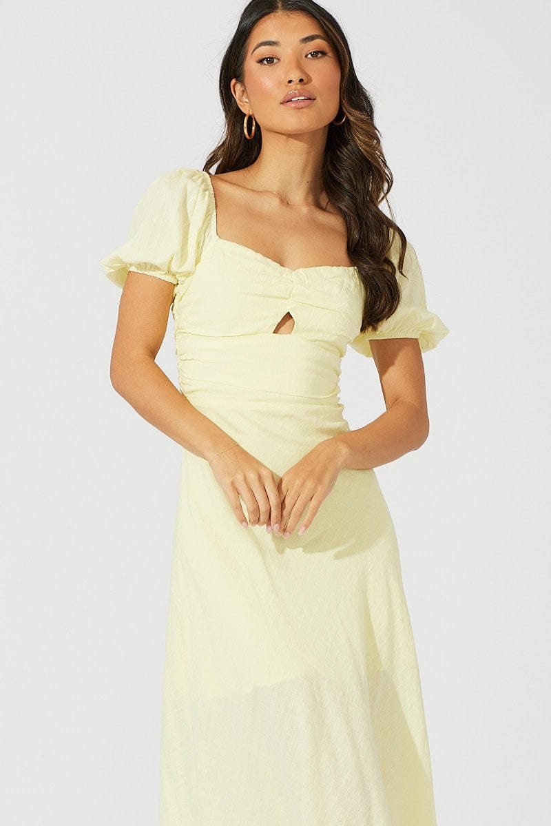 Yellow Midi Dress Short Sleeve Twist Front Textured for Ally Fashion