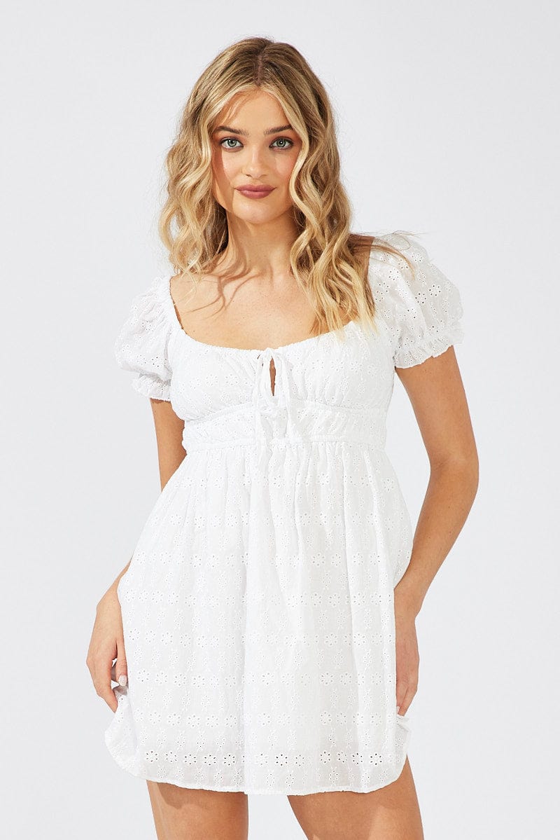 White Fit and Flare Dress Short Sleeve Broderie for Ally Fashion