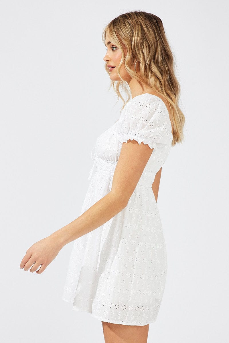 White Fit and Flare Dress Short Sleeve Broderie for Ally Fashion