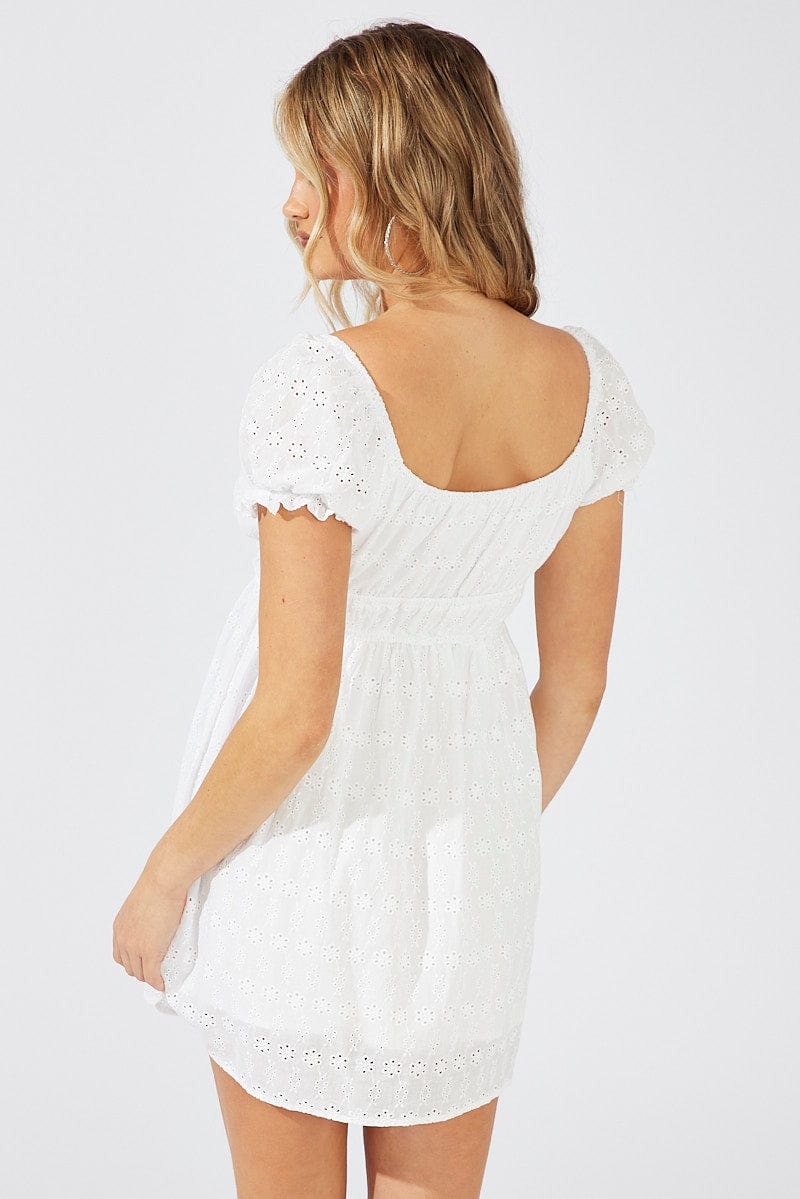 White Fit and Flare Dress Short Sleeve Broderie for Ally Fashion