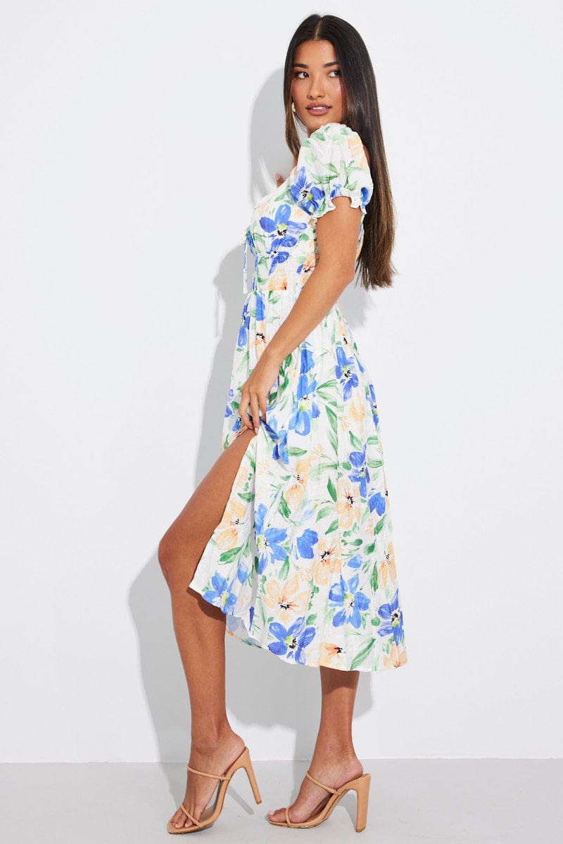 White Floral Midi Dress Short Sleeve Ruched Bust for Ally Fashion