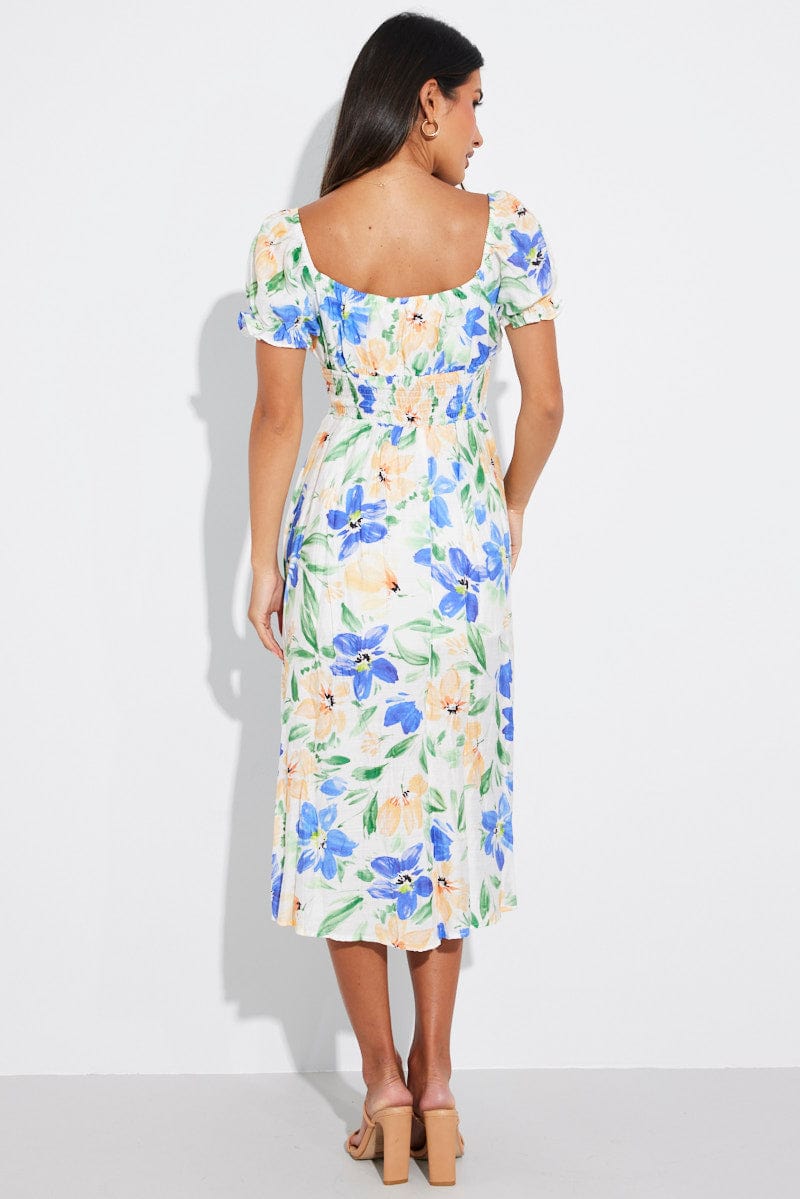 White Floral Midi Dress Short Sleeve Ruched Bust for Ally Fashion