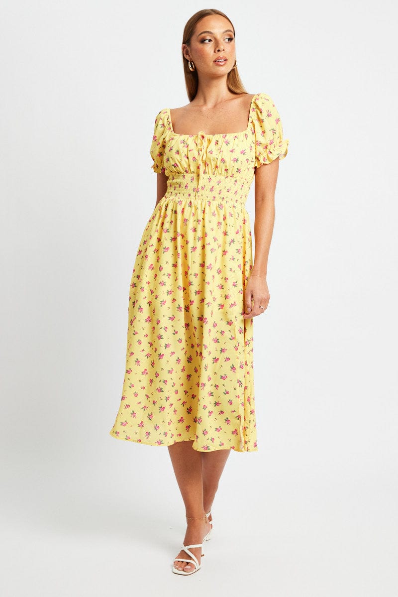 Yellow Floral Midi Dress Short Sleeve Ruched Bust for Ally Fashion