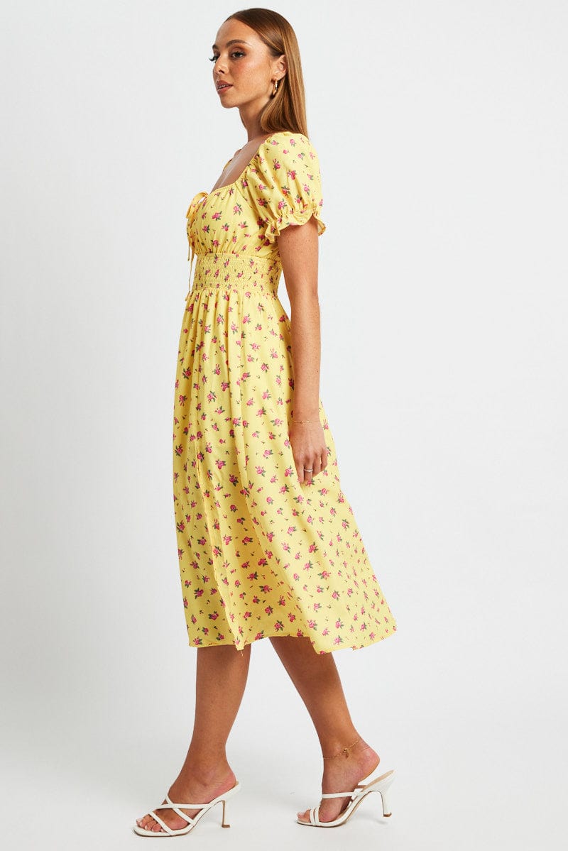 Yellow Floral Midi Dress Short Sleeve Ruched Bust for Ally Fashion