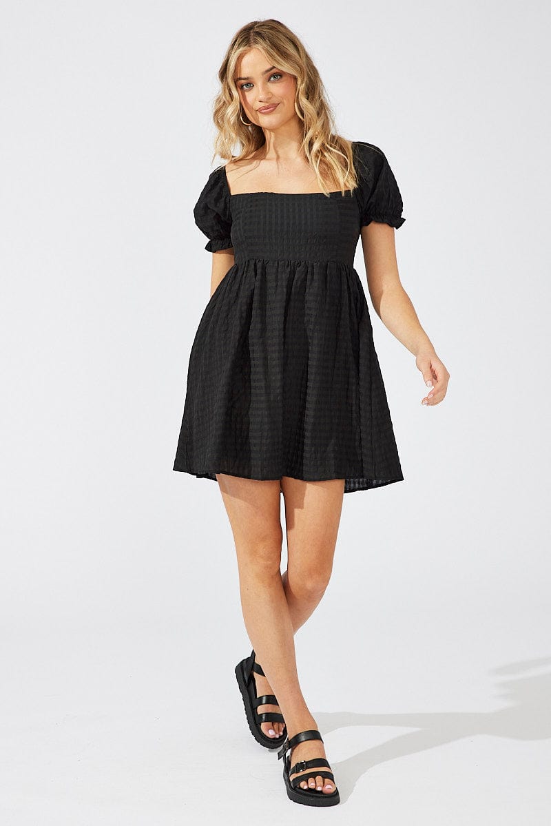 Black Fit and Flare Dress Short Sleeve Self Check for Ally Fashion