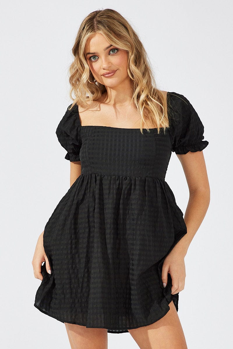 Black Fit and Flare Dress Short Sleeve Self Check for Ally Fashion