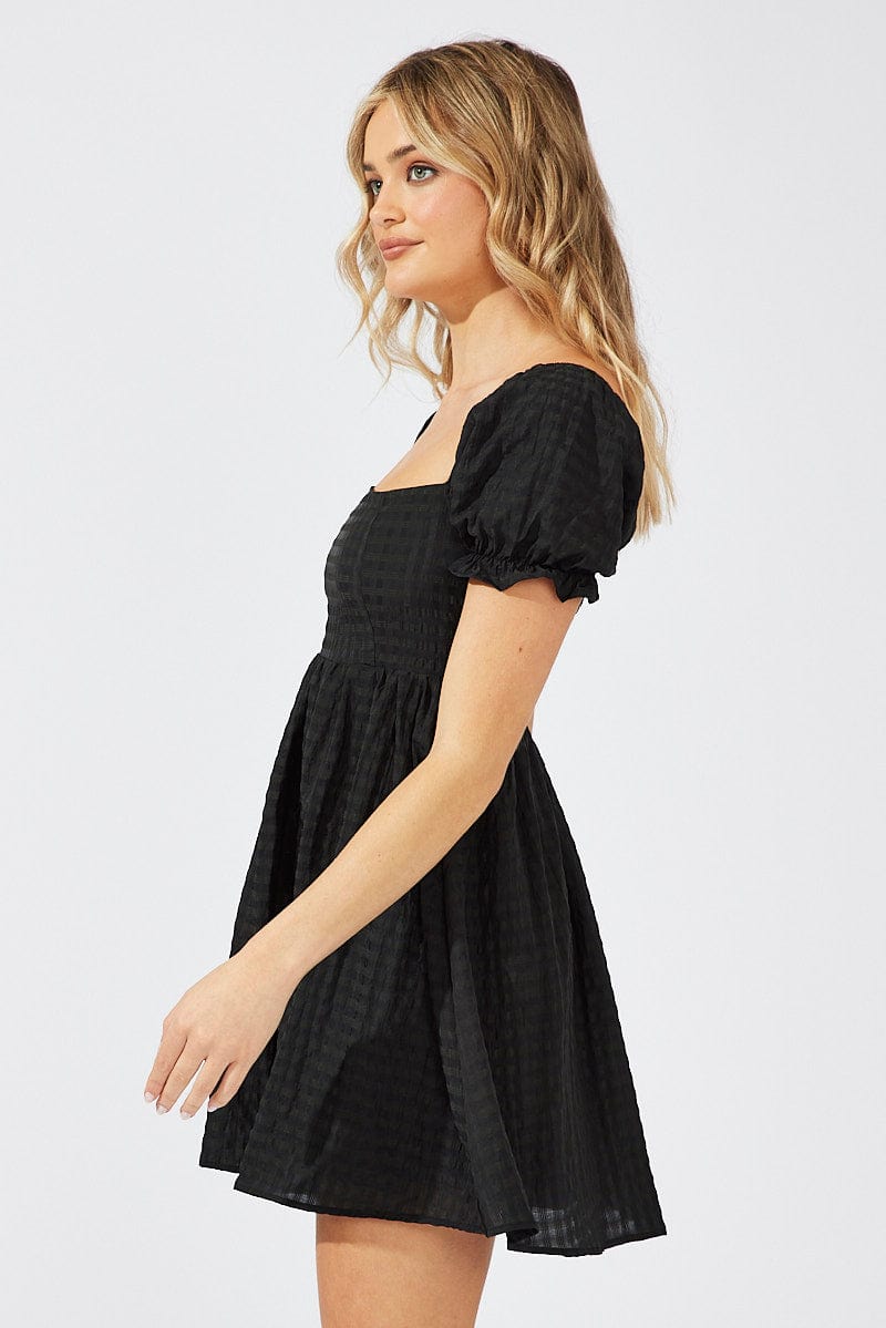 Black Fit and Flare Dress Short Sleeve Self Check for Ally Fashion