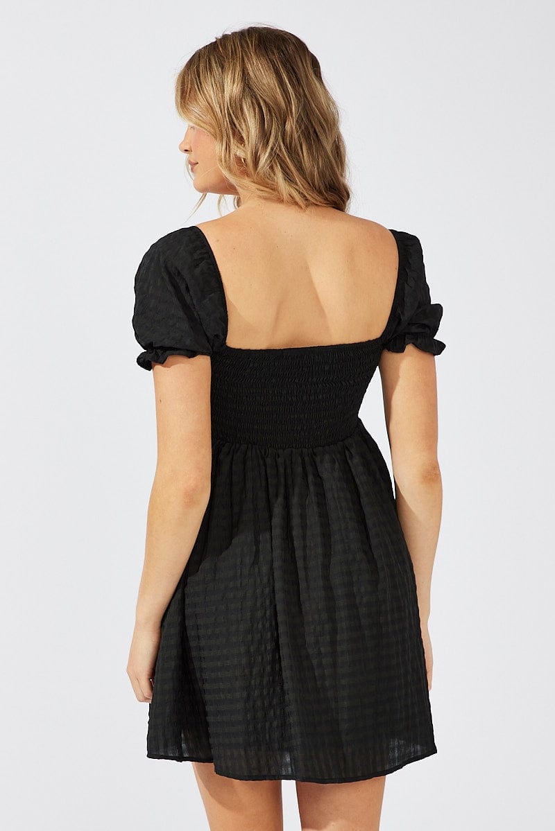 Black Fit and Flare Dress Short Sleeve Self Check for Ally Fashion