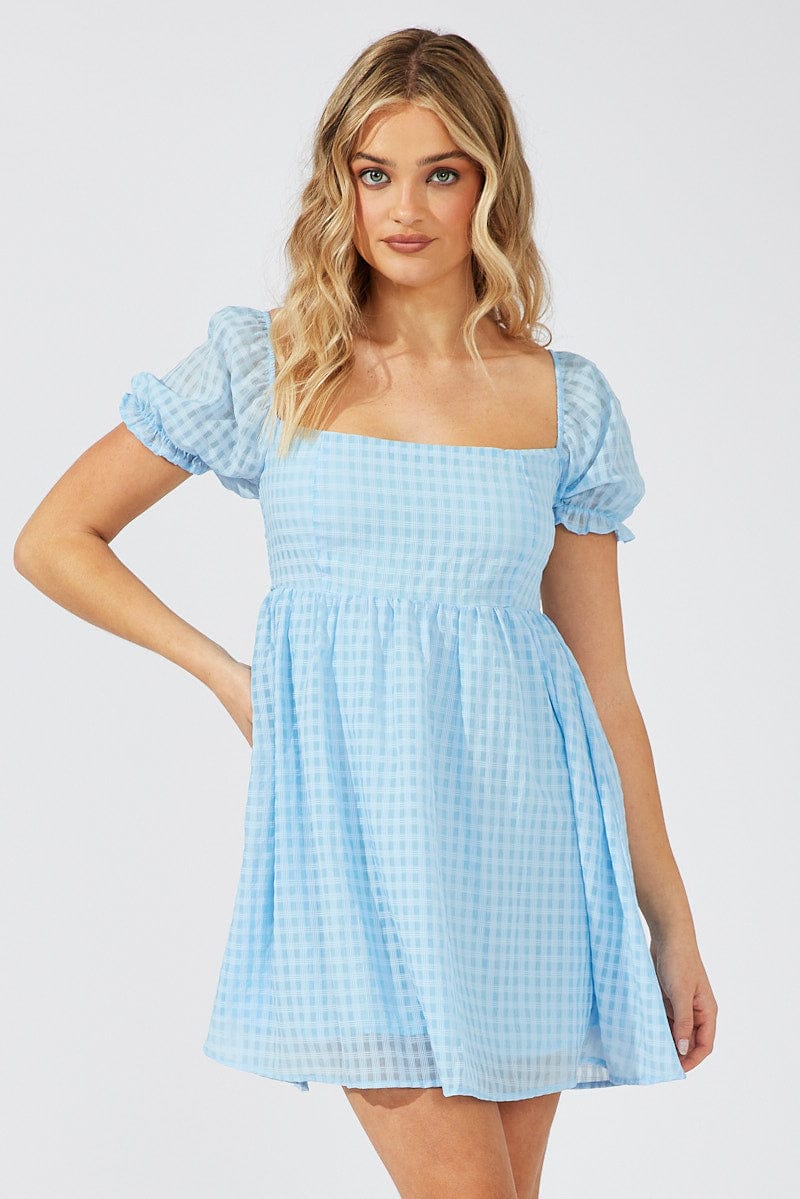 Blue Fit and Flare Dress Short Sleeve Self Check for Ally Fashion