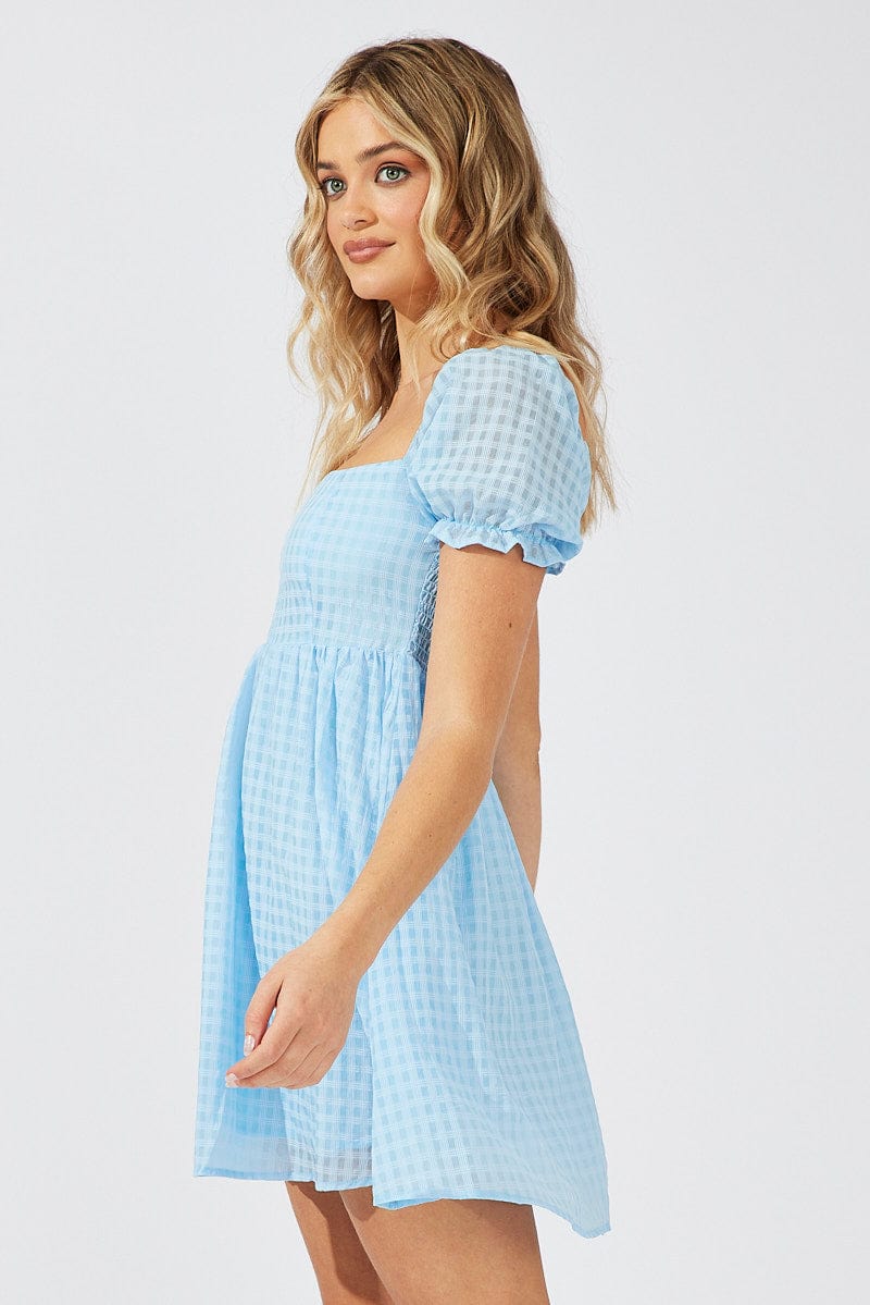 Blue Fit and Flare Dress Short Sleeve Self Check for Ally Fashion