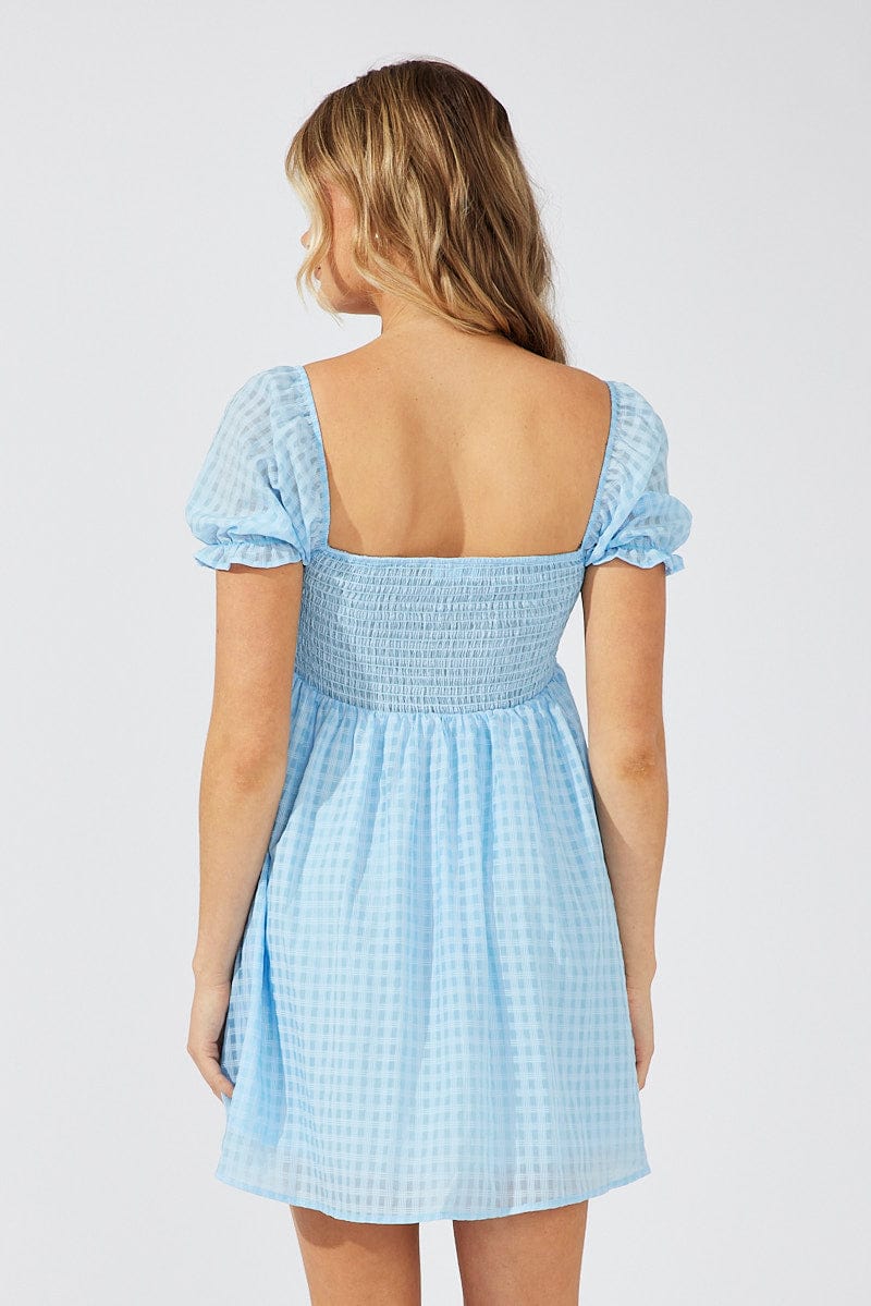 Blue Fit and Flare Dress Short Sleeve Self Check for Ally Fashion