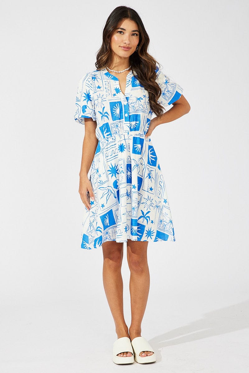 Blue Abstract Shirt Dress Short Sleeve Tiered for Ally Fashion