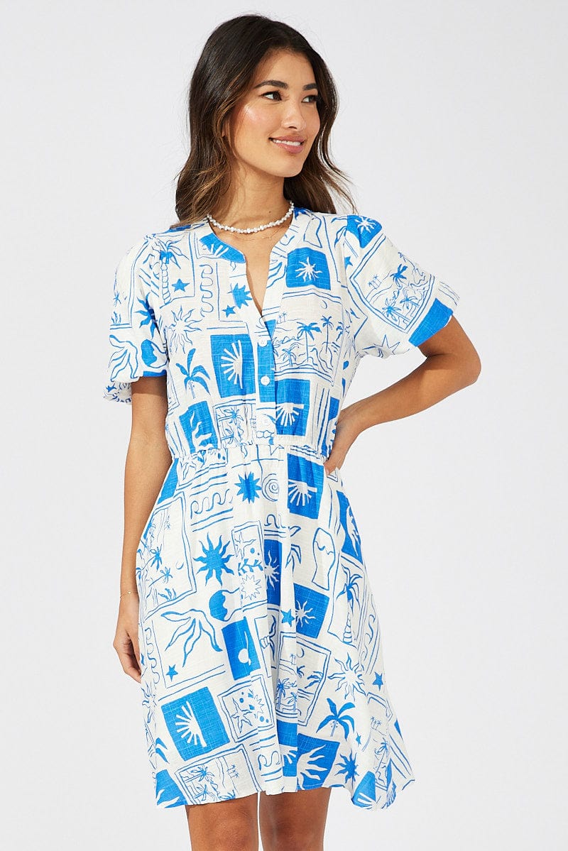 Blue Abstract Shirt Dress Short Sleeve Tiered for Ally Fashion