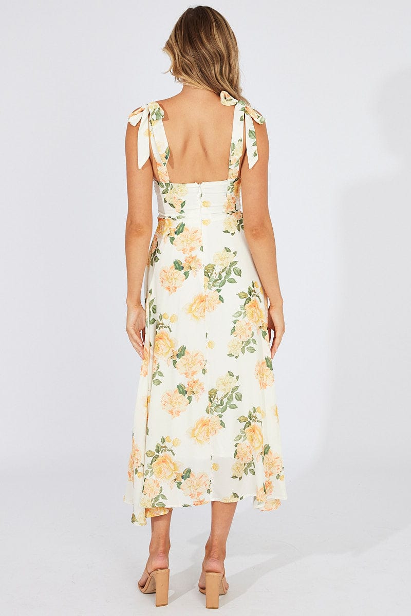 Yellow Floral Midi Dress Sleeveless Tie Shoulder for Ally Fashion