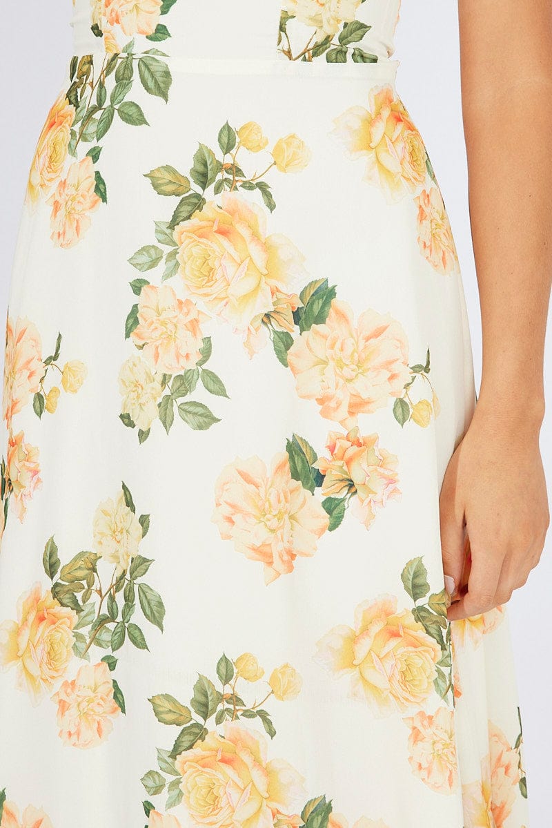 Yellow Floral Midi Dress Sleeveless Tie Shoulder for Ally Fashion