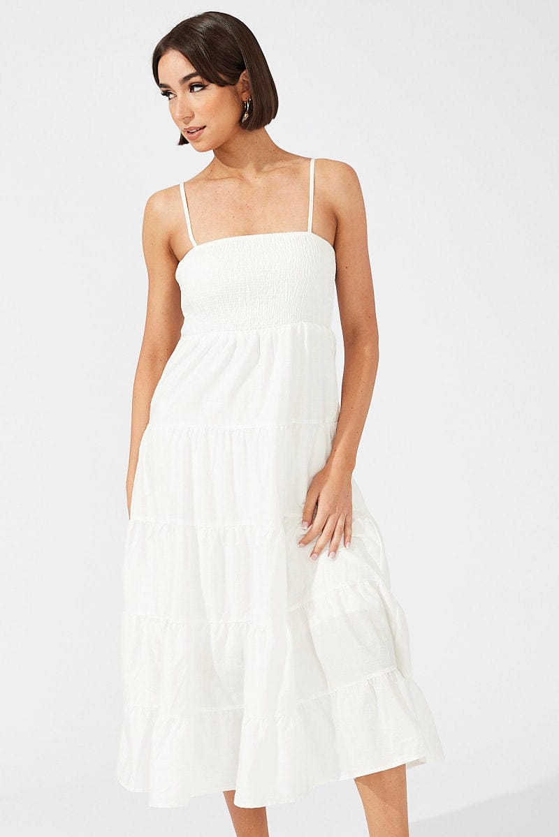 White Midi Dress Sleeveless Tiered for Ally Fashion