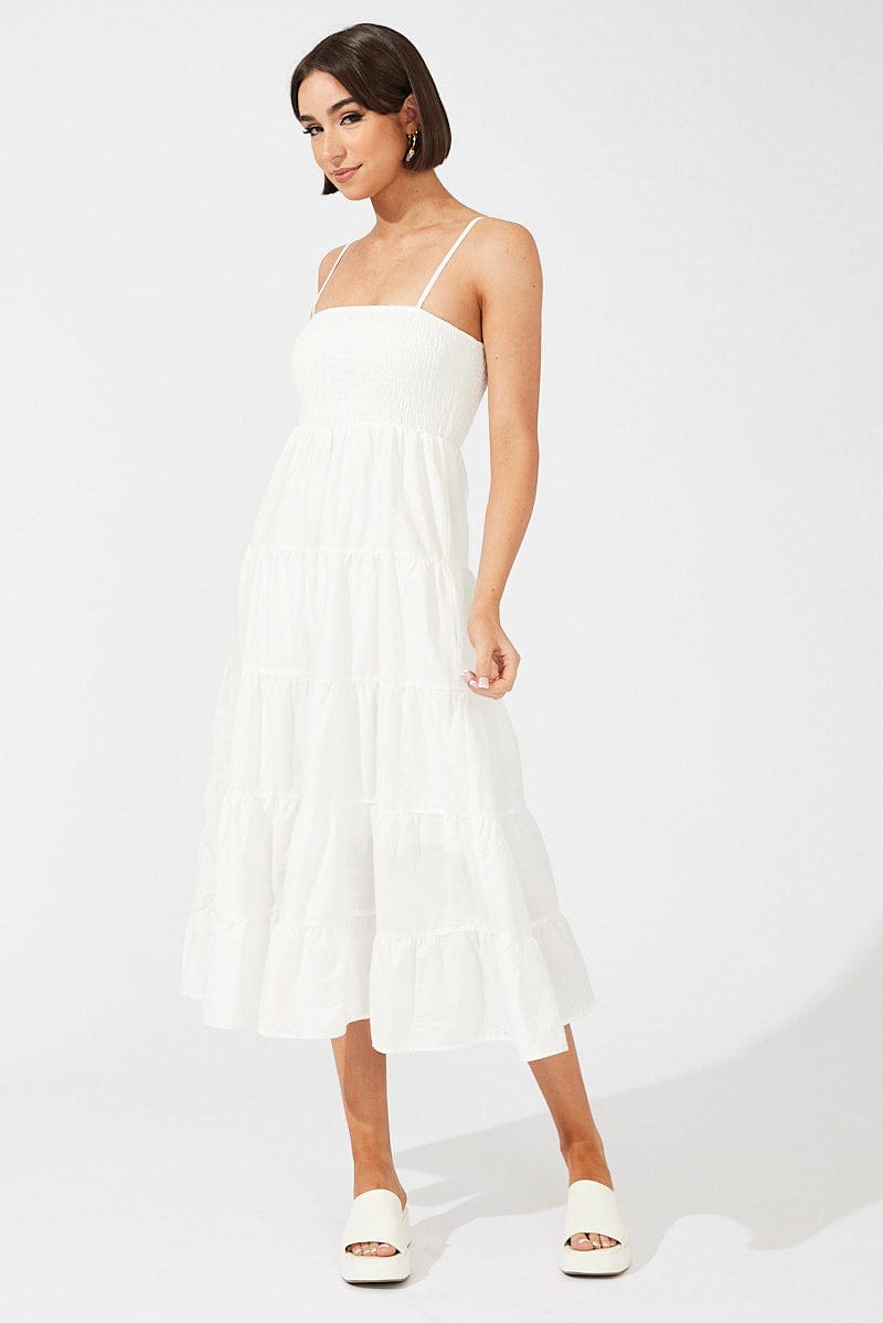 White Midi Dress Sleeveless Tiered for Ally Fashion