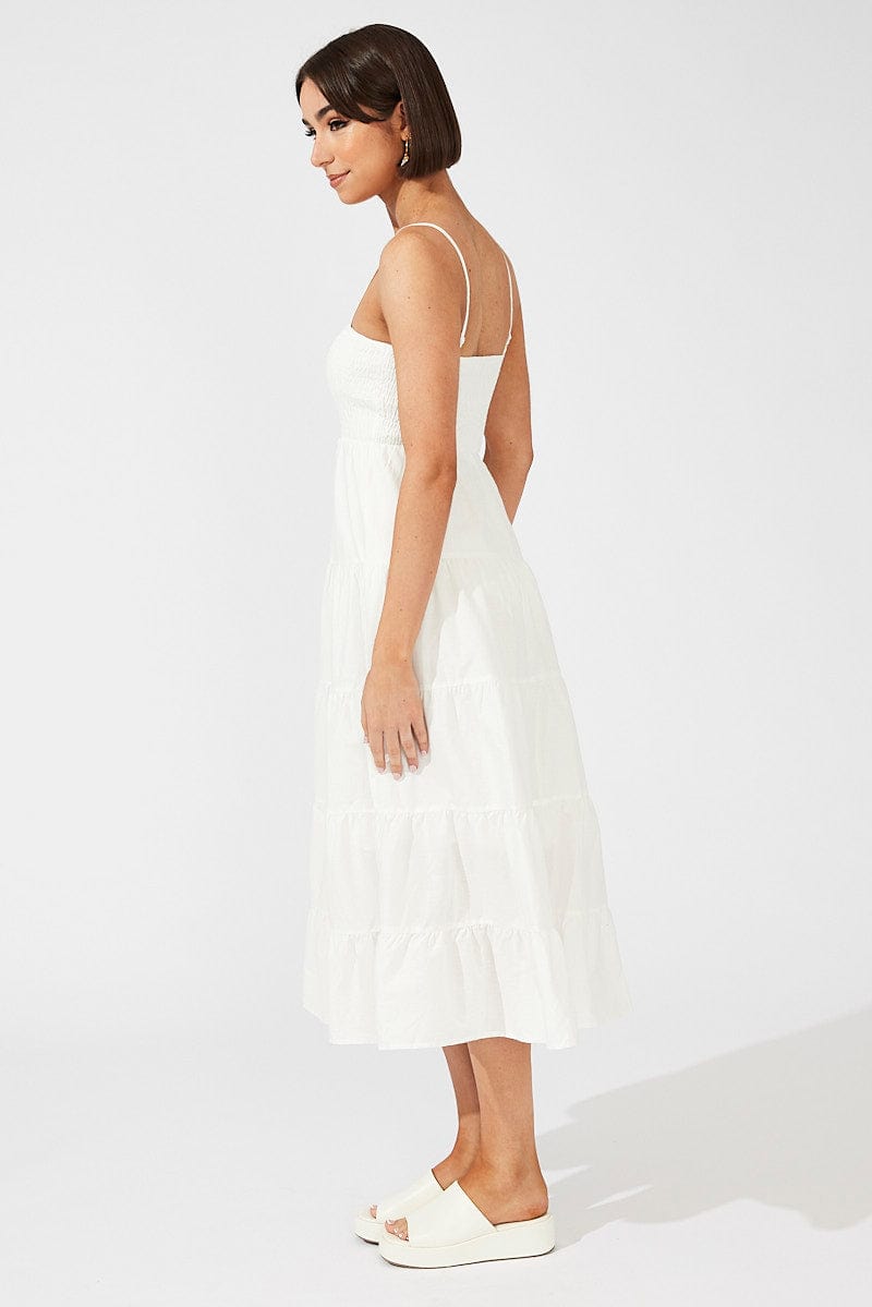 White Midi Dress Sleeveless Tiered for Ally Fashion