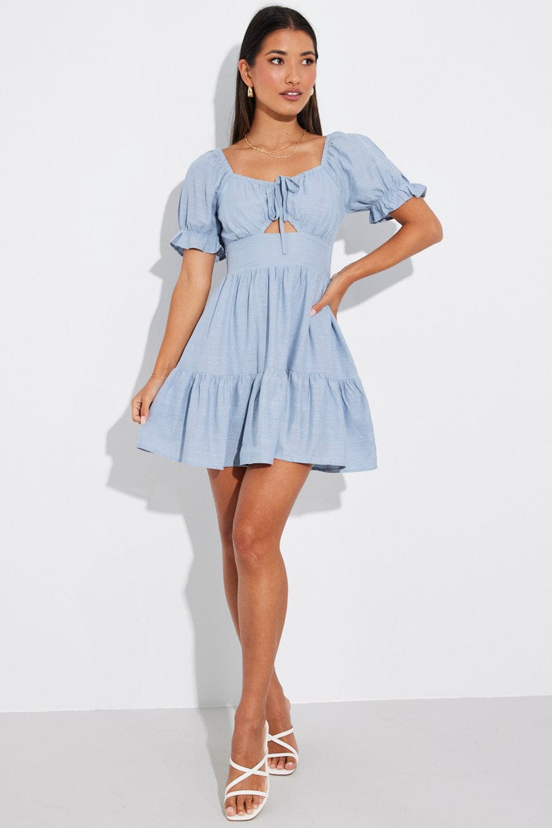 Blue Fit and Flare Dress Short Sleeve Linen Blend for Ally Fashion