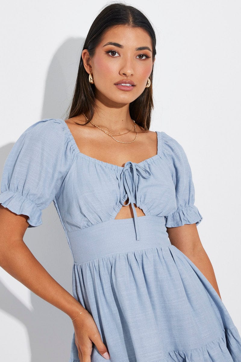 Blue Fit and Flare Dress Short Sleeve Linen Blend for Ally Fashion