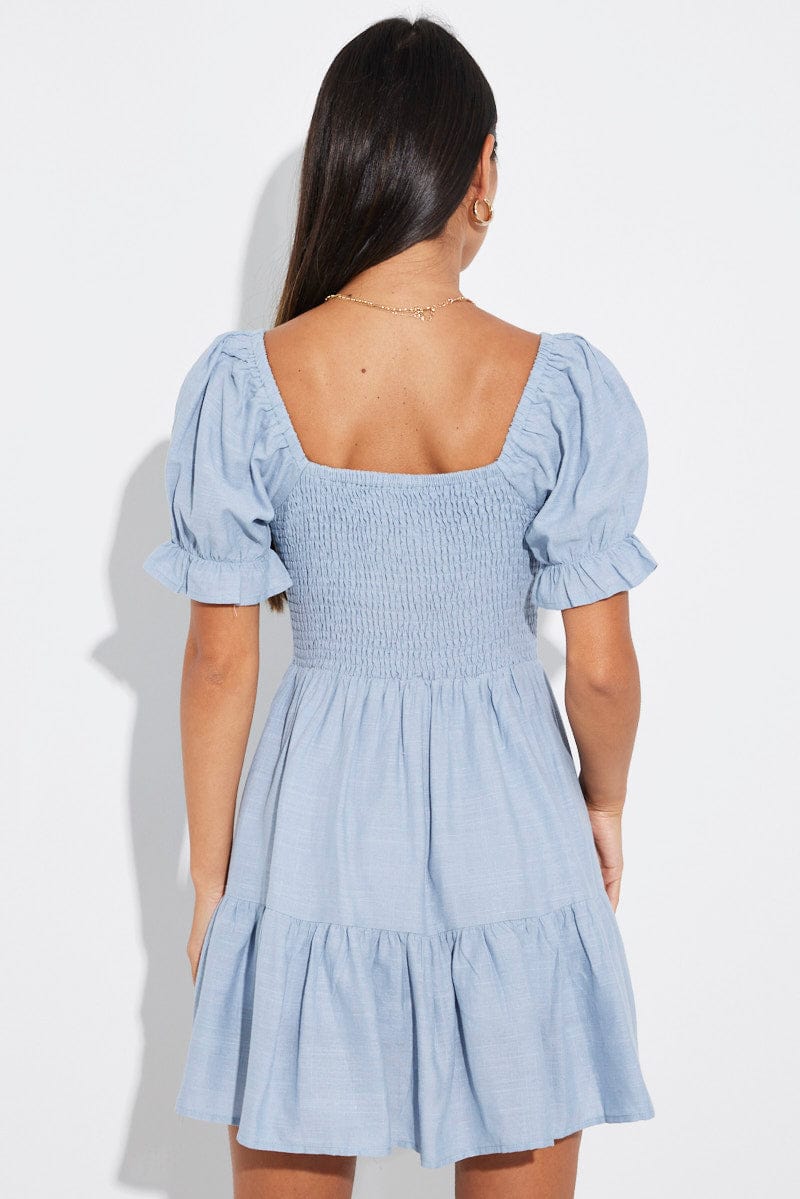 Blue Fit and Flare Dress Short Sleeve Linen Blend for Ally Fashion