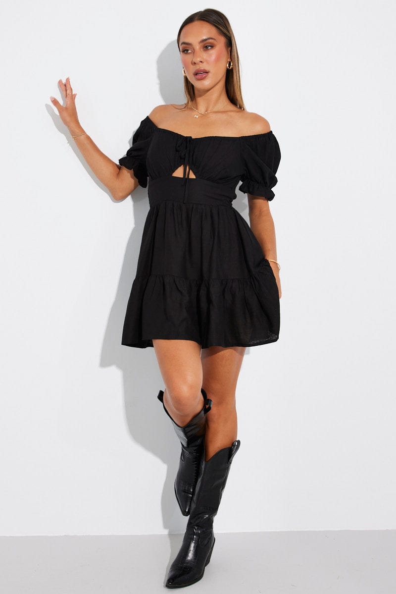 Black Fit and Flare Dress Short Sleeve Linen Blend for Ally Fashion