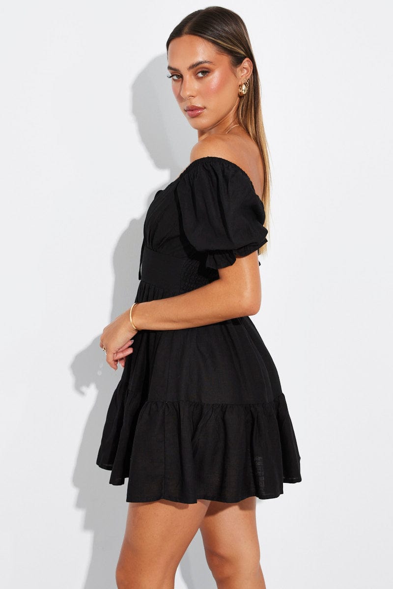 Black Fit and Flare Dress Short Sleeve Linen Blend for Ally Fashion