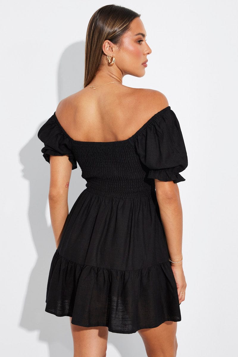 Black Fit and Flare Dress Short Sleeve Linen Blend | Ally Fashion Black Fit and Flare Dress Short Sleeve Linen Blend | Ally Fashion
