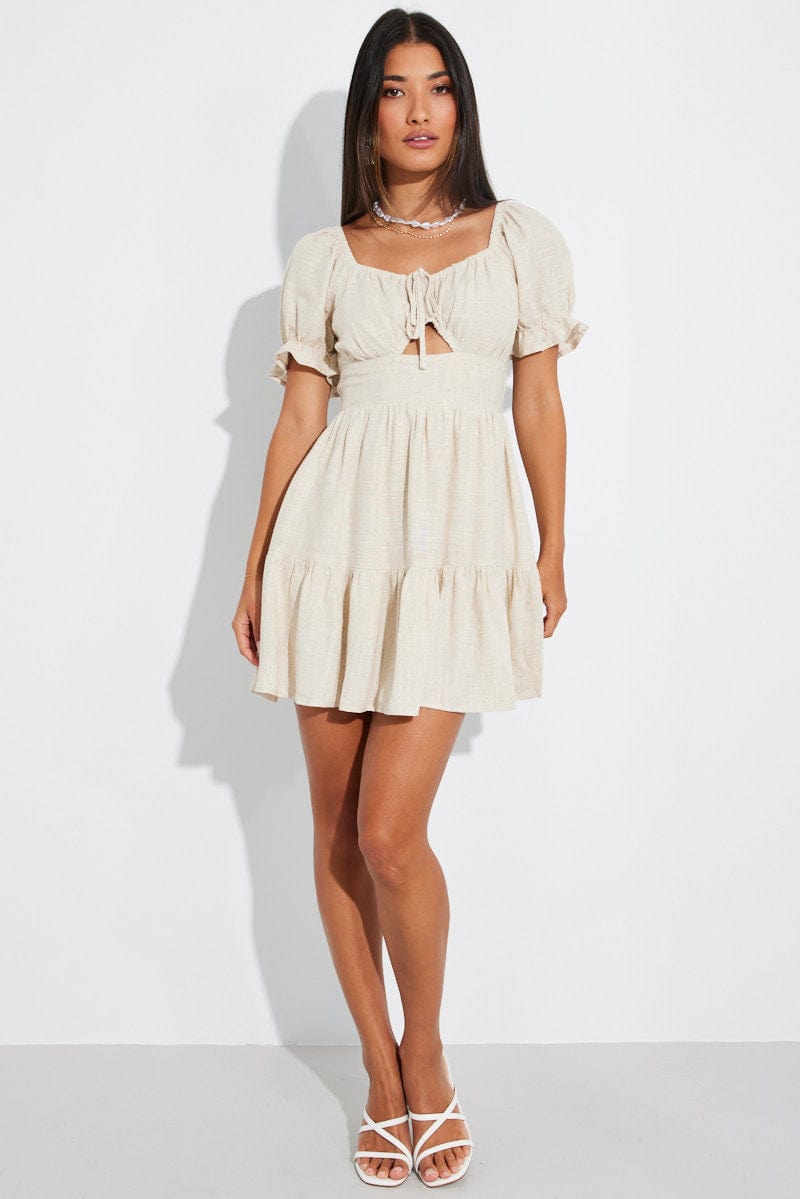 Beige Fit and Flare Dress Short Sleeve Linen Blend for Ally Fashion