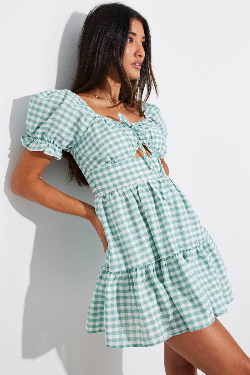 Green Check Fit and Flare Dress Short Sleeve Tiered Cut Out for Ally Fashion