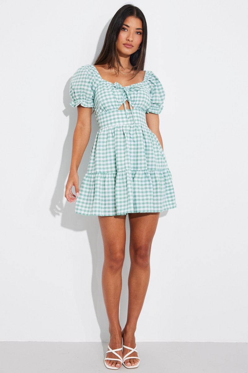 Green Check Fit and Flare Dress Short Sleeve Tiered Cut Out for Ally Fashion