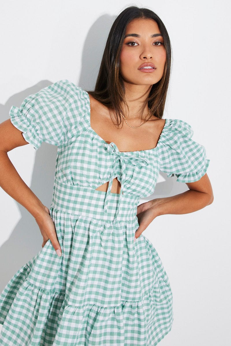 Green Check Fit and Flare Dress Short Sleeve Tiered Cut Out for Ally Fashion