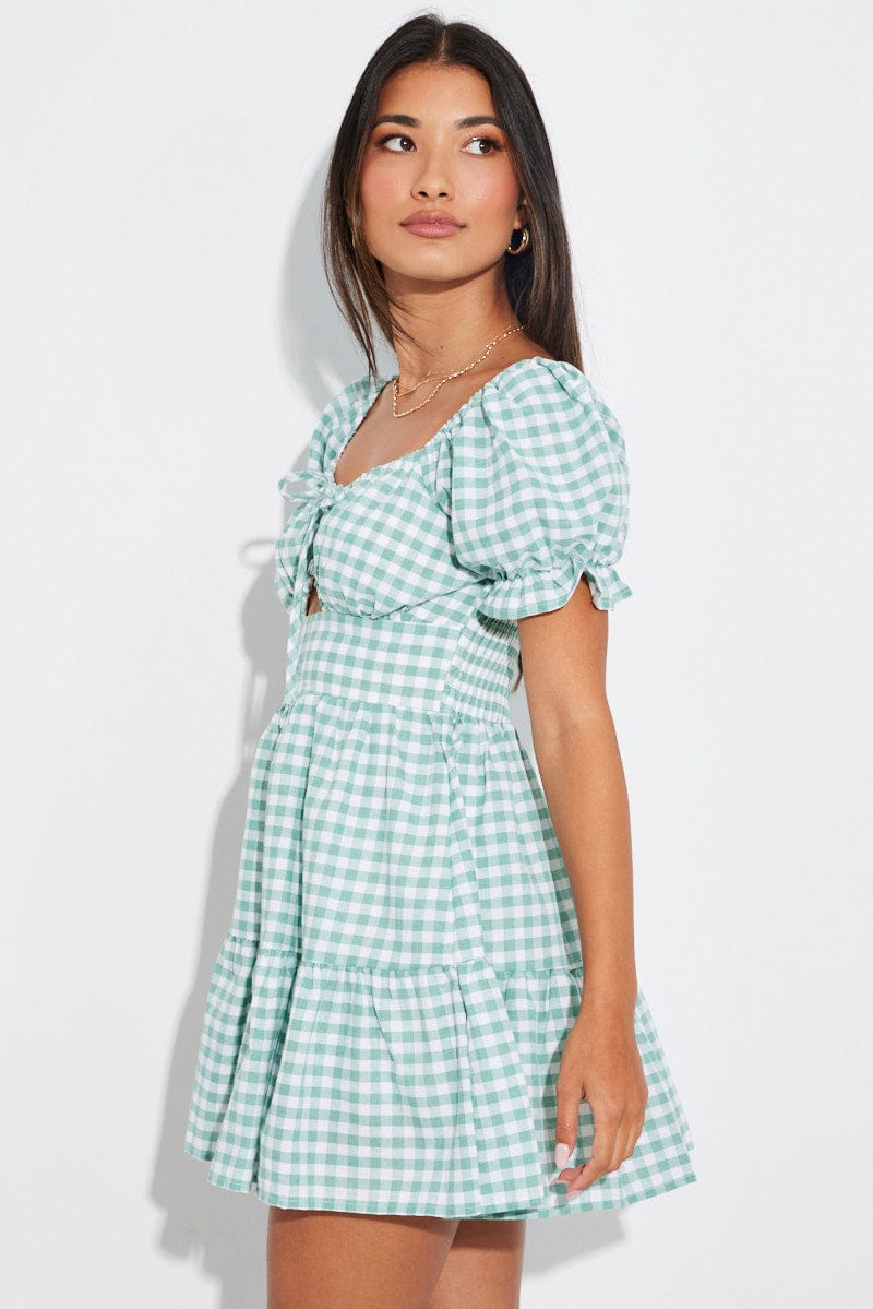 Green Check Fit and Flare Dress Short Sleeve Tiered Cut Out for Ally Fashion