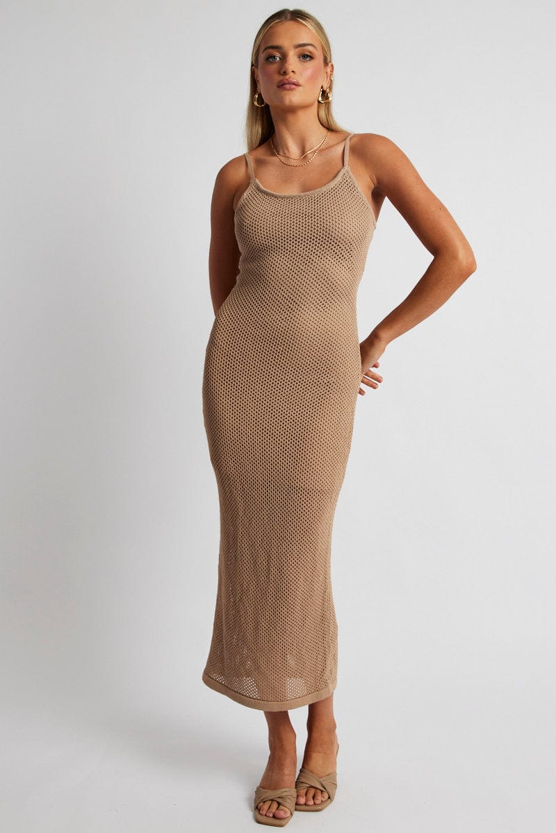 Beige Knit Midi Dress Sleeveless for Ally Fashion