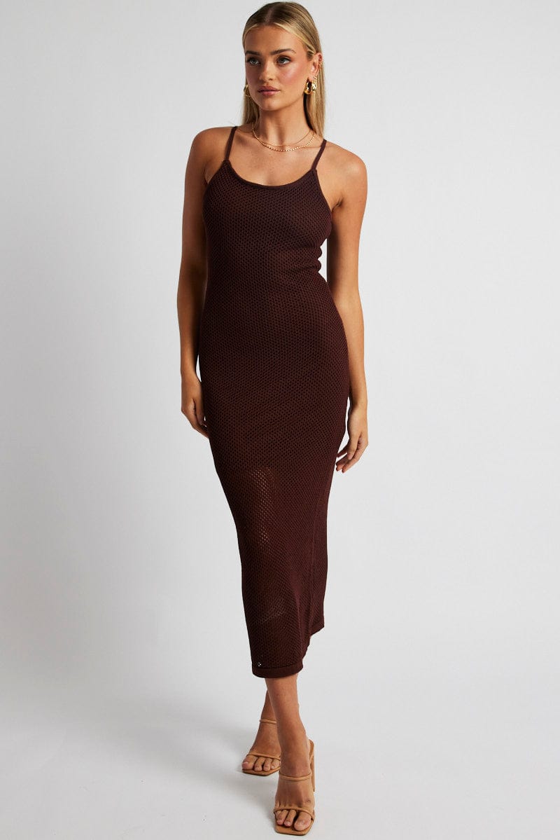 Brown Knit Midi Dress Sleeveless for Ally Fashion