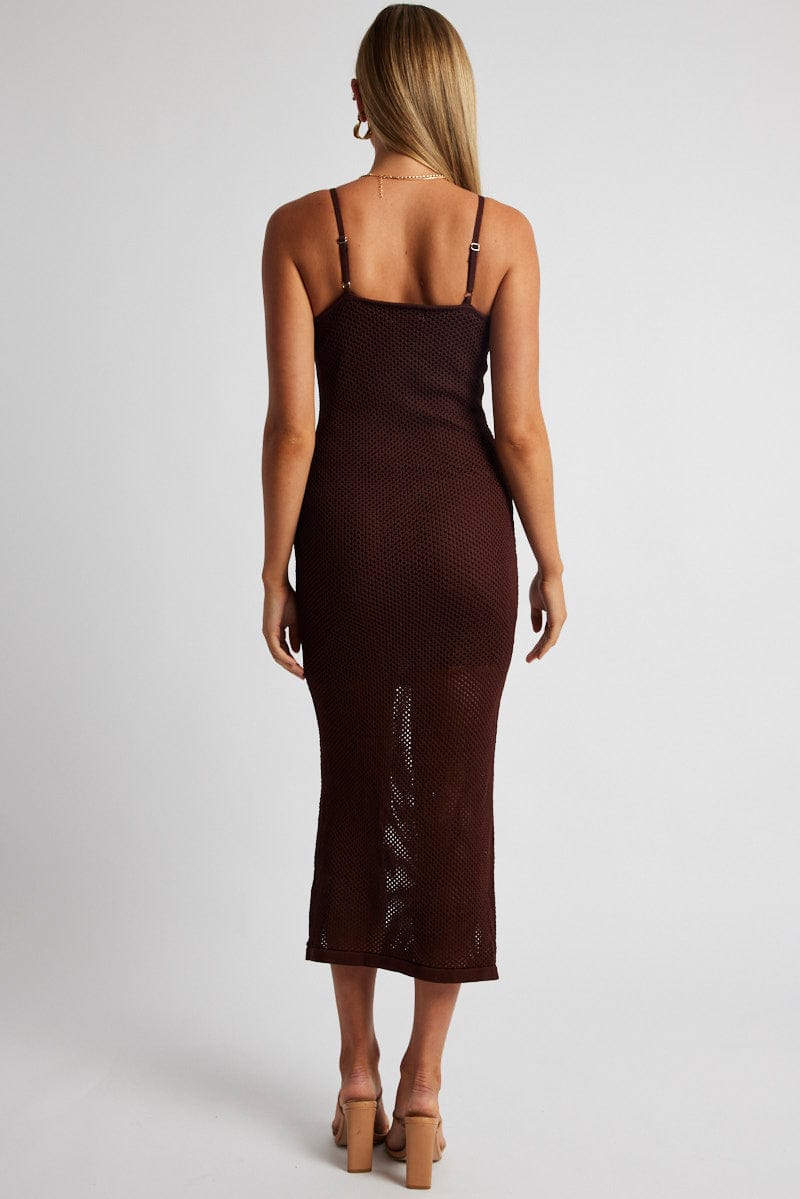 Brown Knit Midi Dress Sleeveless for Ally Fashion