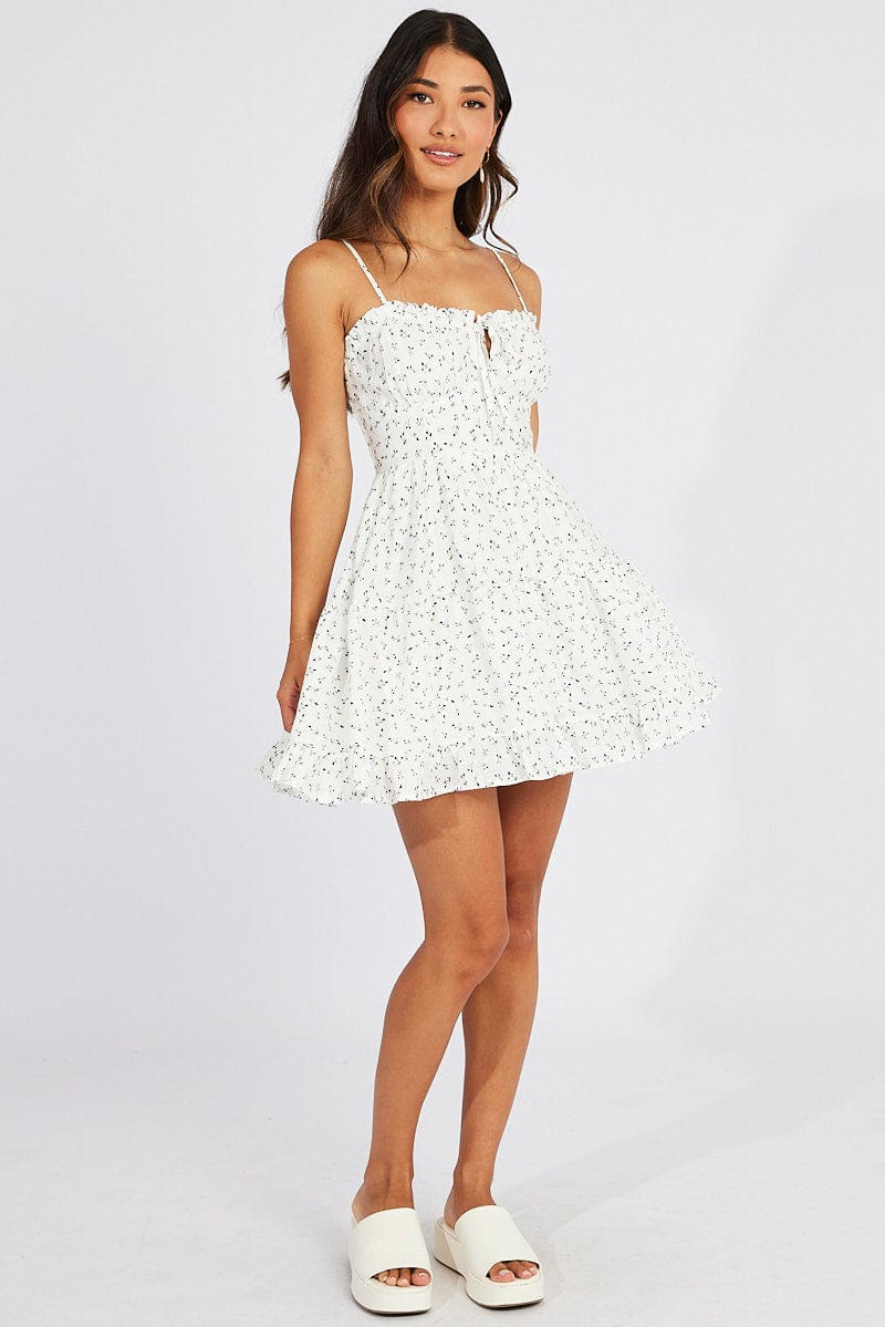 White Ditsy Fit and Flare Dress Short Sleeve Tiered for Ally Fashion