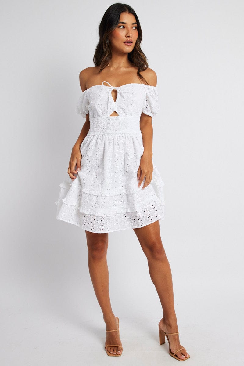 White Fit and Flare Dress Short Sleeve Embroidered