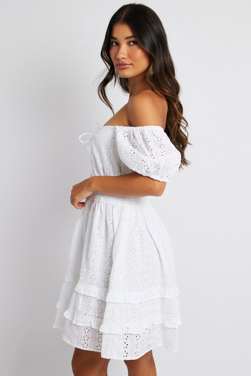 White Fit and Flare Dress Short Sleeve Embroidered