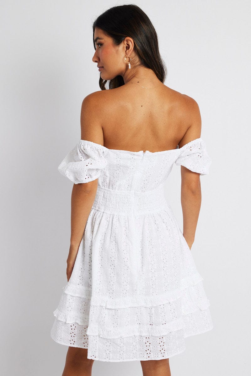 White Fit and Flare Dress Short Sleeve Embroidered