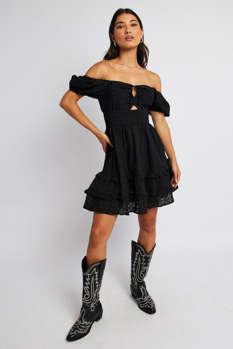 Black Fit and Flare Dress Short Sleeve Embroidered for Ally Fashion