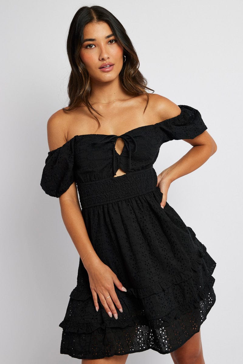 Black Fit and Flare Dress Short Sleeve Embroidered for Ally Fashion