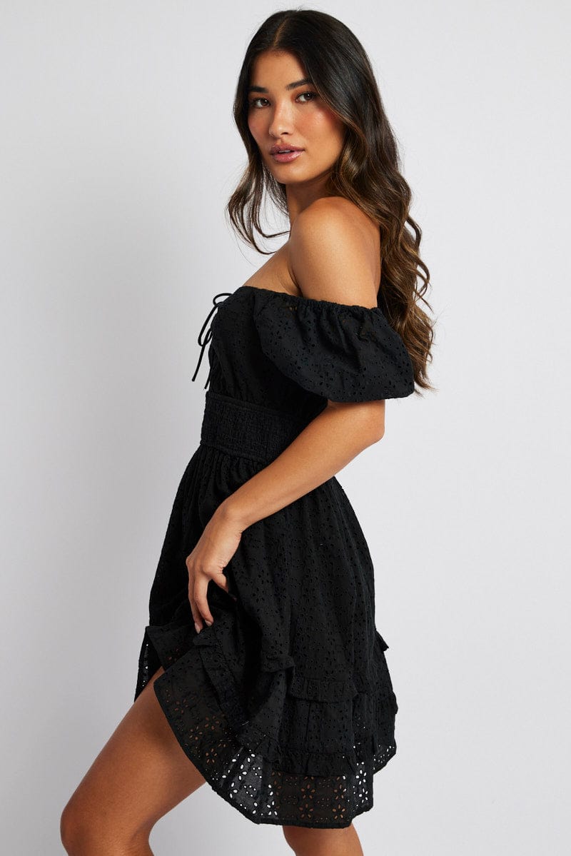 Black Fit and Flare Dress Short Sleeve Embroidered for Ally Fashion