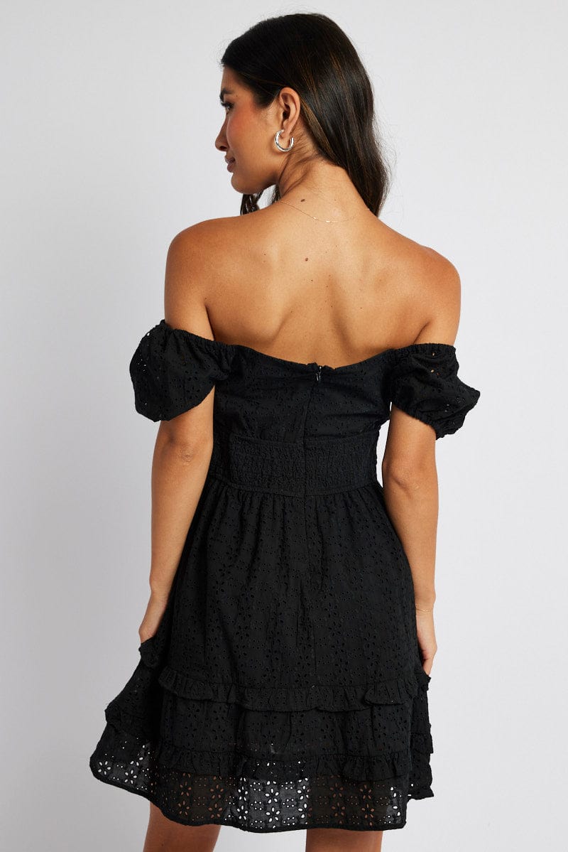 Black Fit and Flare Dress Short Sleeve Embroidered for Ally Fashion