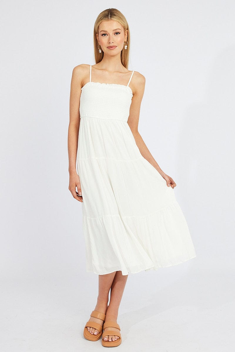 White Midi Dress Sleeveless Shirred Tie Back for Ally Fashion